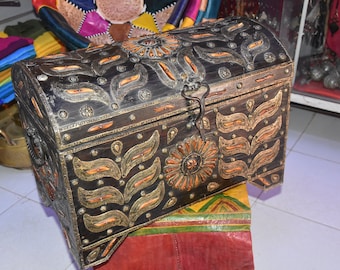 Old Tuareg Wood Chest: Berber Sahara Trunk with Horn Inlay