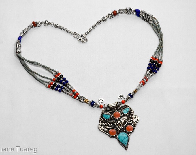 Collier en mosaïque turquoise ethnique, collier tibétain Charm, bijoux Boho Gypsy, amulette marocaine, style trible berbère,cadeau pour elle