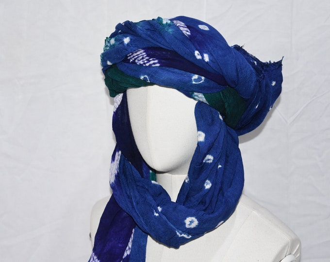 tuareg scarf green indigo color 4 meters , cotton natural , turban tuareg ,vrai chèche tuareg