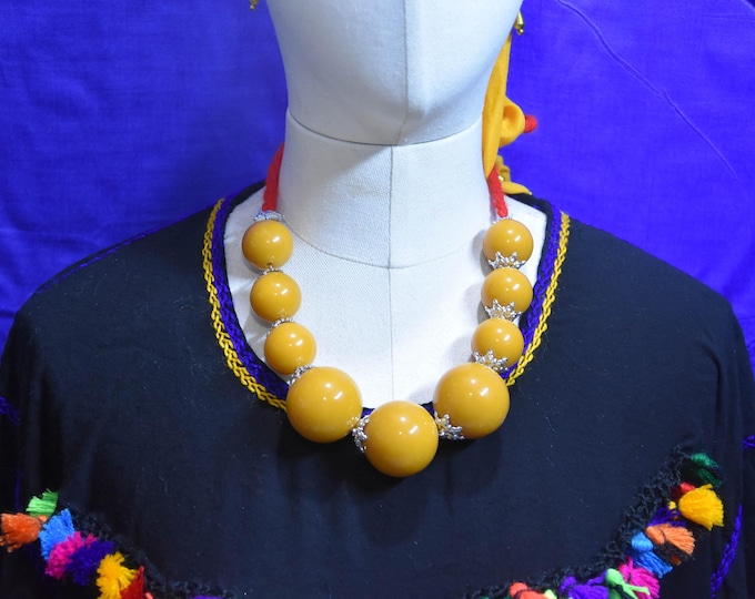 Moroccan Berber Amber Resin Necklace, Amazigh Tribal Bead Statement Jewelry