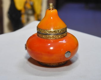 Vintage Moroccan Box Amber Resin & Brass Filigree Trinket Box
