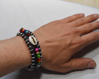 African Bracelr Tribal Cowrie Shell & Multi-Color Beaded Leather Cuff Bracelet