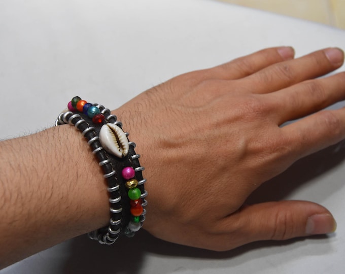 African Bracelr Tribal Cowrie Shell & Multi-Color Beaded Leather Cuff Bracelet