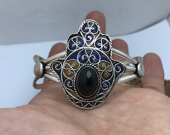 Handmade Berber Sterling Silver Enamel Bracelet: Moroccan Ethnic Jewelry