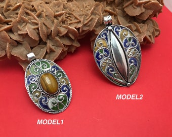 ethnic pendant enamel , moroccan amulet enameled silver