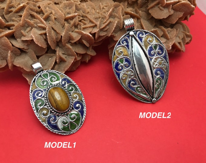 ethnic pendant enamel , moroccan amulet enameled silver