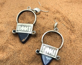 Tuareg Silver Earrings: Blue Agate Ethnic Jewelry