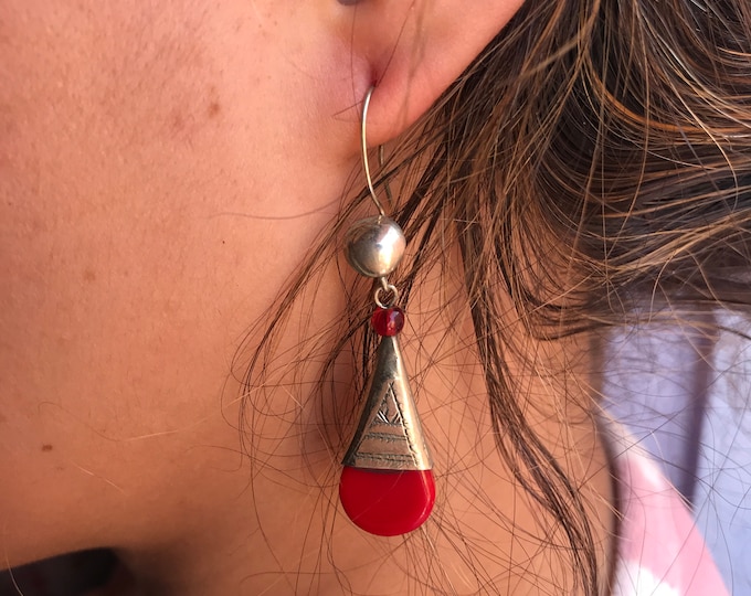 boucle d'oreille touareg rouge ,touareg boucle d'oreille avec agat onyx rouge