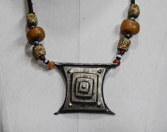 Old Tuareg Silver Tcherot Amulet Necklace with Amber and Trade Beads
