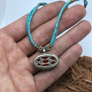 Collier Népalais Turquoise - Bijou Déclaration 18 Pouces - Argenté Plaqué - Neuf Sans Emballage