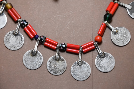 Berber Necklace: Old Silver Coins & Glass Beads, … - image 3