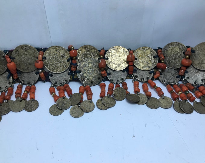 head band coins morocco with silk and corail ,head ornaments band morocco 1920s Name AYACHA tafilalet