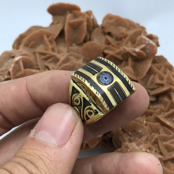 bague cuivre avec pierre chevron perle et bois d ebene ,africain bague fait a main