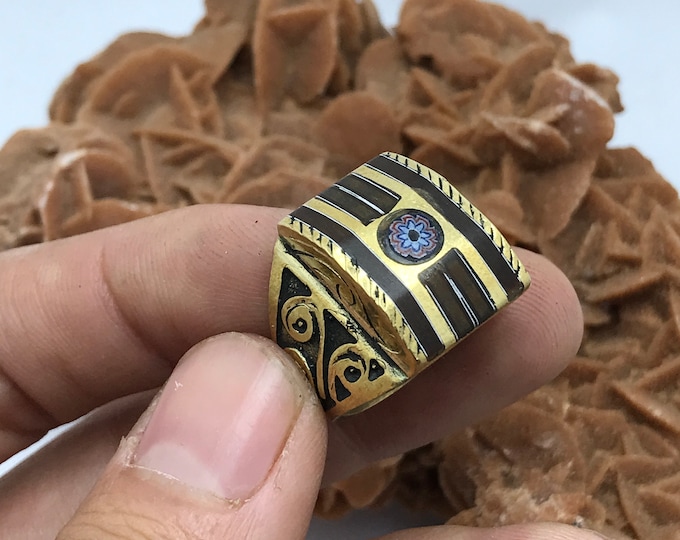 bague cuivre avec pierre chevron perle et bois d ebene ,africain bague fait a main