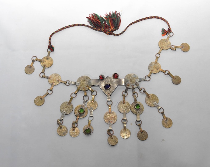 antique Moroccan Berber Bib Necklace – Handmade Tribal Silver & Coin Statement Piece
