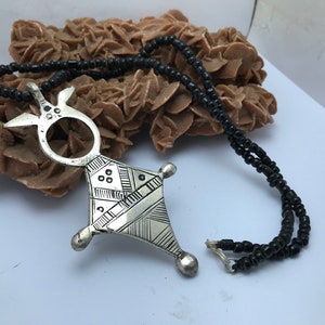 Tuareg southern cross with black beads necklace , ethnic boho necklace