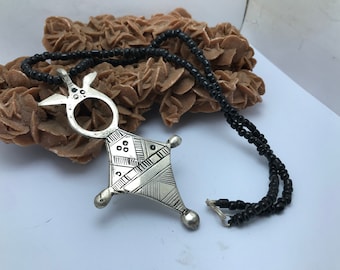 Tuareg southern cross with black beads necklace , ethnic boho necklace