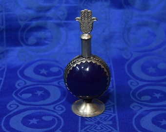 Moroccan ethnic Bottle - Blue Glass glass & Silver Metal Overlay, Traditional Berber Eyeliner Container