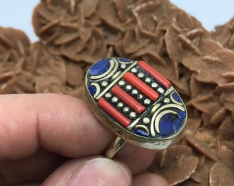 Tibetan Ring ,Nepalese Turquoise and Coral Ring - Tibetan Mineral Lapis Lazuli - Mosaic - Boho Gypsy Look - Nepalese Jewelry
