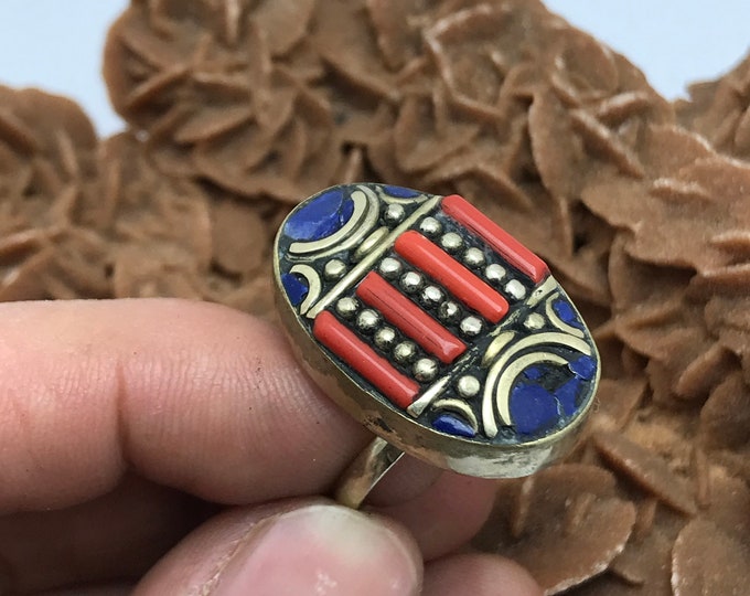 Tibetan Ring ,Nepalese Turquoise and Coral Ring - Tibetan Mineral Lapis Lazuli - Mosaic - Boho Gypsy Look - Nepalese Jewelry
