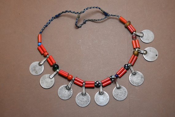 Berber Necklace: Old Silver Coins & Glass Beads, … - image 1