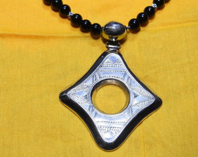 Handcrafted African Tuareg Egeru Cross Necklace with Engraved Silver and Onyx Beads