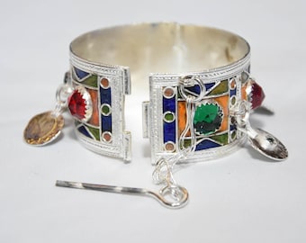 Moroccan Silver Bracelet, Berber Enamel Tribal Bangle Jewelry
