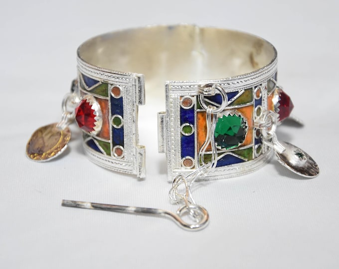 Moroccan Silver Bracelet, Berber Enamel Tribal Bangle Jewelry