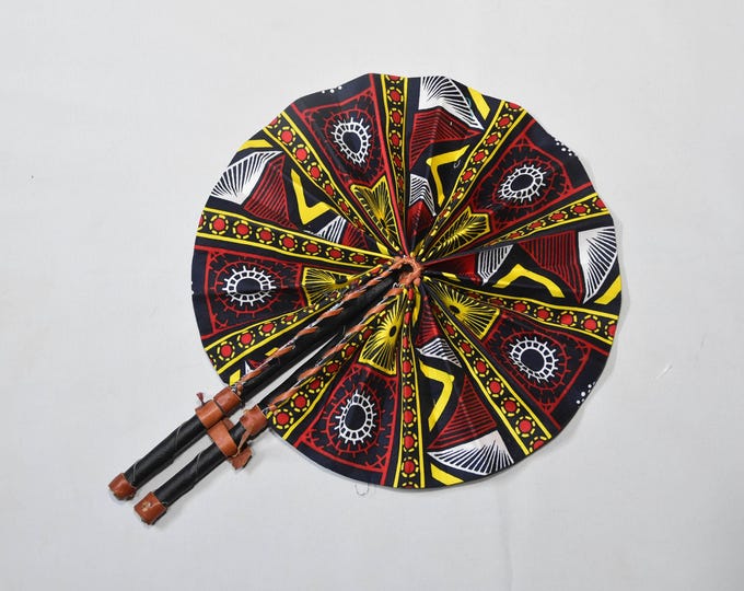 African Ankara Print Folding Hand Fan, Handmade Leather Handle Pocket Fan