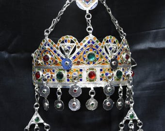 Handmade Moroccan Berber Taounza Headdress, Amazigh Tribal Crown Jewelry