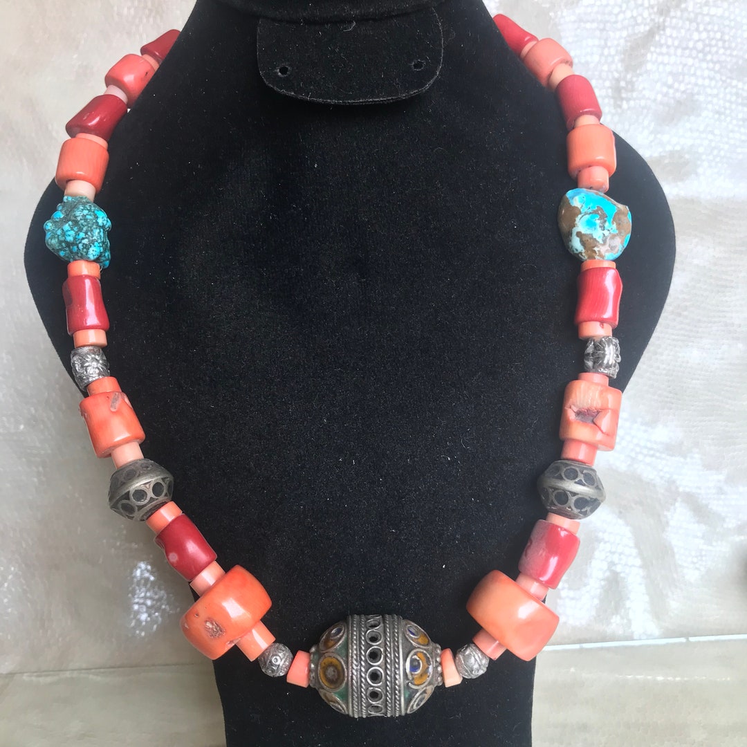 Collier Marocain Berbère Avec Perles De Corail Et Argent Bead ,ethnique