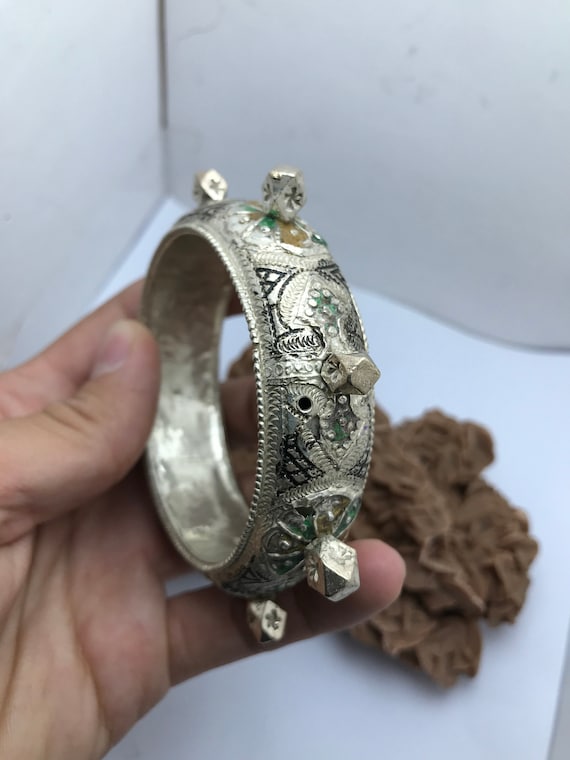 Bracelet Argent Massif Fait Main - Bijou Artisanal Neuf Avec étiquettes - Pierre Dominante Argentée