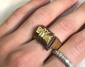 African Bronze Ring with Ebony Wood: Tribal Ethnic Jewelry, Size 12