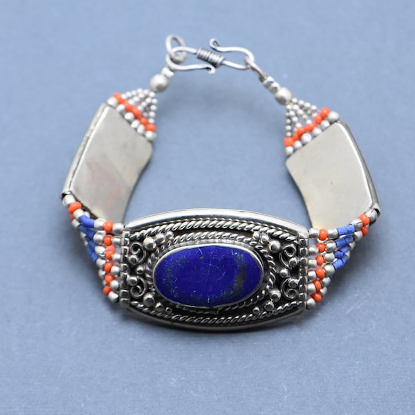 Bracelet Népal, Lapis, Turquoise, Corail, Tibet, Népal Bijoux, vintage, Argent Tibétain, Boho, Tribal