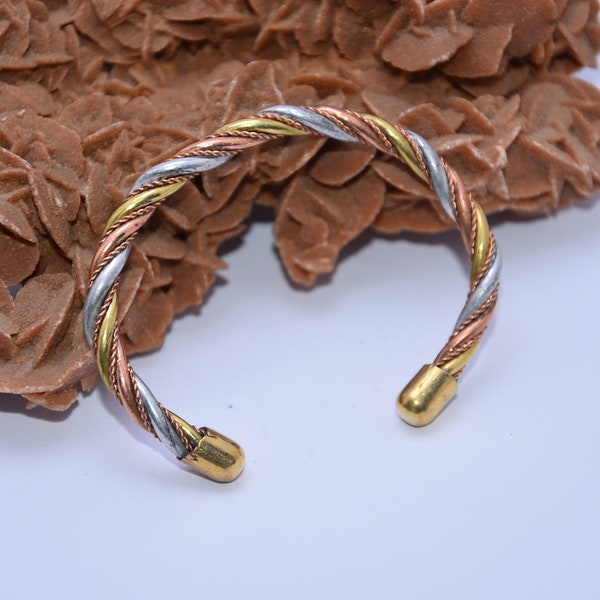 Bracelet de manchette en laiton cuivre Sterling Argent tri-couleur réglable