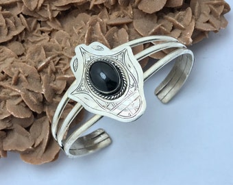 Handmade Sterling Silver Hamsa Cuff Bracelet: Filigree Onyx Stone