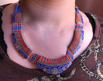 Berber Lapis Lazuli Necklace: Mosaic Tibetan Silver Boho Jewelry