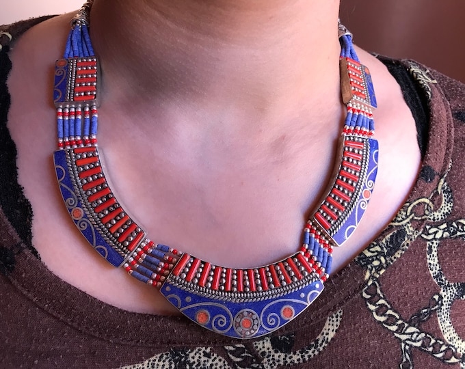 Collier berbère Boho lapis lazuli, collier tibétain népalais mosaïque, ethnique Touareg, bijoux nomade Bédouins, cadeau vintage marocain