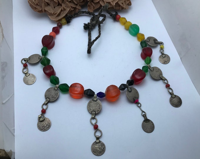 Berber necklace with old glass beads and silver coins , handmade,berber necklace moroccan silver ethnic
