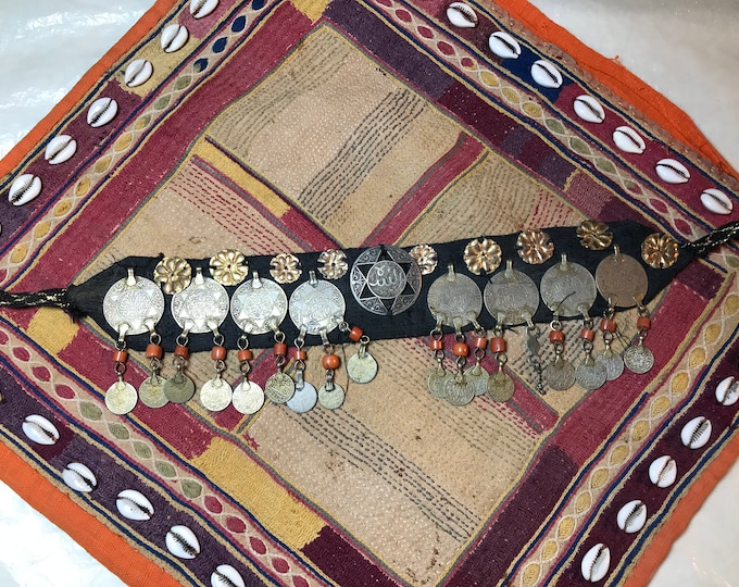 head band ornaments 1930s coins morocco with silk and corail , rare head ornaments