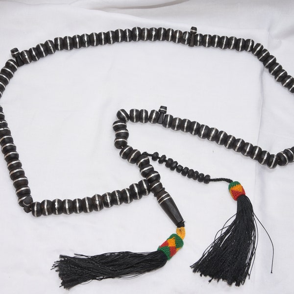 Mauritanië – etnische Tasbih in ebbenhouten hout ingelegd met zilver, tribale oude Toeareg tasbih