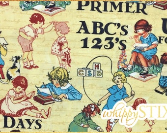 Vintage Educational Fabric By the Yard, ABC Primer by Graphic 45 Wilmington Prints, bty Yellow School Days Cotton Fabric