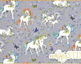 Unicorn Fabric, Gray Pretty Please by Nutex, BTY Greyish Purple Magical Fairy Tale Cotton Quilting Material, Hard to Find