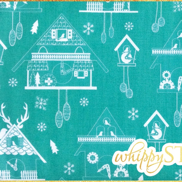 LAST ONE! Cuckoo Clock Fabric 19" Remnant, Storybook Lane by Kelly Lee-Creel for Andover Fabrics 5723, Aqua Whimsical Bird Cotton Fabric