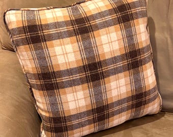 Ralph Lauren Wool Pillow Cover in Tan and Brown Tartan Plaid With Matching Piping