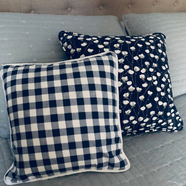 Blue and White Gingham Checkered Pillow Cover, Blue and White Cotton Flower Print Cover, Blue and White Pillow Covers, Piped Pillow Covers