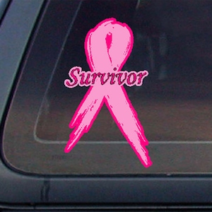 May include: Pink ribbon with the word "Survivor" in pink lettering. The ribbon is a symbol of breast cancer awareness.