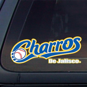 Peut inclure: Un autocollant de baseball bleu et jaune avec le texte "Charros De Jalisco."