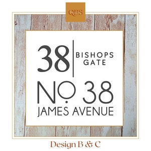 Puede incluir: Un cartel blanco con texto negro sobre un fondo de madera. El cartel dice "38 Bishops Gate No 38 James Avenue".