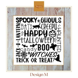 Puede incluir: Un diseño cuadrado con temática de Halloween con texto y gráficos negros sobre un fondo blanco. El diseño incluye palabras como "Spooky", "Happy Halloween", "Boo" y "Trick or Treat", junto con imágenes de murciélagos, una calabaza, un fantasma y una telaraña.
